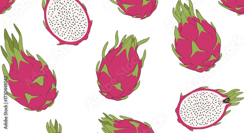 Vibrant dragon fruit slices and whole fruits creating a seamless repeating pattern for vibrant tropical designs.