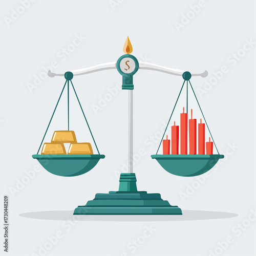 A balance scale weighing gold bars against a rising stock market bar chart, symbolizing investment comparison.