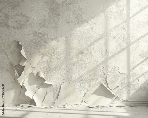Peeling wallpaper revealing plaster wall in decayed room