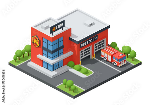 3D Isometric view illustration of a fire station with fire trucks parked outside, modern architecture, and landscaped surroundings, symbolizing emergency services, safety, and community protection
