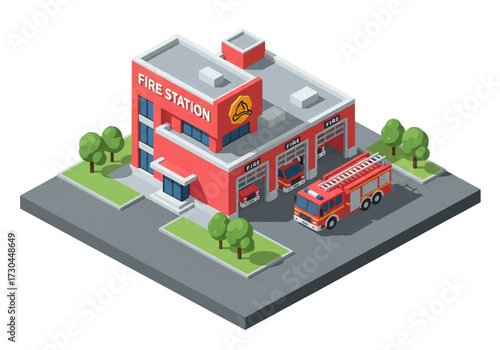 3D Isometric view illustration of a fire station with fire trucks parked outside, modern architecture, and landscaped surroundings, symbolizing emergency services, safety, and community protection