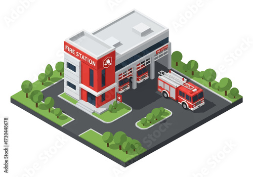 3D Isometric view illustration of a fire station with fire trucks parked outside, modern architecture, and landscaped surroundings, symbolizing emergency services, safety, and community protection