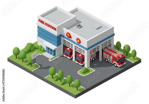 3D Isometric view illustration of a fire station with fire trucks parked outside, modern architecture, and landscaped surroundings, symbolizing emergency services, safety, and community protection