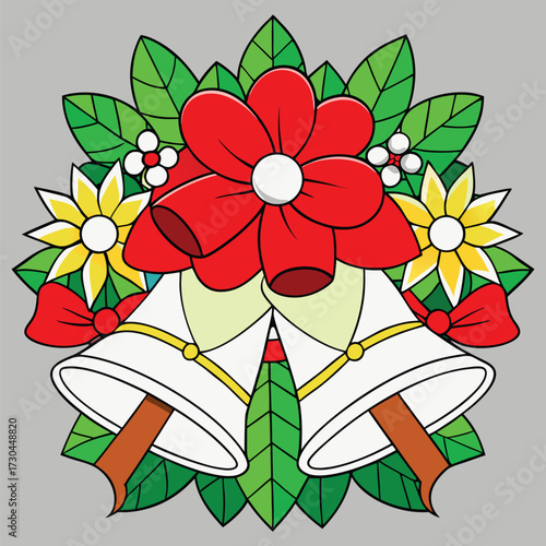 Festive Christmas bells and bright flora compose a holidaythemed wreath against transparent background
