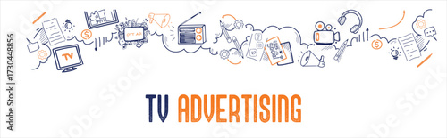 Creative TV advertising doodle vector illustration showing marketing and promotion concepts.