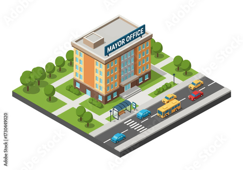 3D Isometric view illustration of a mayor’s office building, dome roof, nearby trees, cars, and a bus stop, symbolizing government, leadership, and civic administration