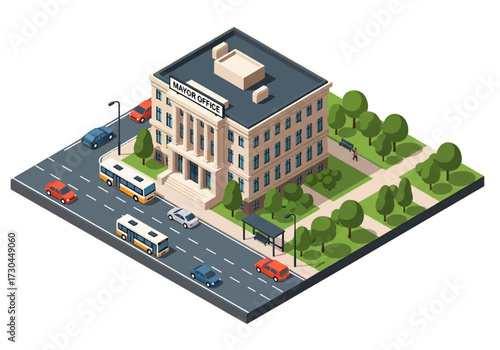 3D Isometric view illustration of a mayor’s office building, dome roof, nearby trees, cars, and a bus stop, symbolizing government, leadership, and civic administration