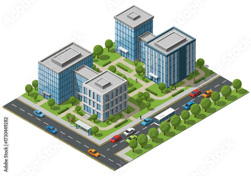 3D Isometric view illustration of modern office buildings with glass facades, green landscaping, and busy city streets with cars and buses, symbolizing business, corporate life, and urban development