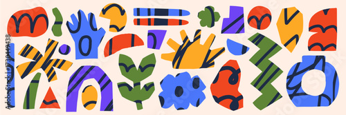 Collage mixes scraps with doodles and scribbles. Abstract shapes look fun, colorful, quirky and cubist. The weird and trendy style becomes rough and random like scrapbook art.