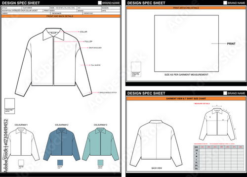  OVERSIZED CROP COLLAR JACKET EASY EDITABLE EMPTY TECHPACK MEASUREMENT LAYOUT TEMPLATE DESIGN