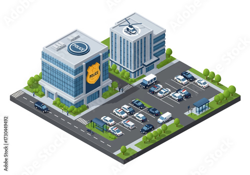 3D Isometric view illustration of a police station complex with patrol cars, vans, helicopter, parking lot, and officers, symbolizing law enforcement, safety, and public security in urban areas
