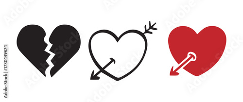 Trio of Heart Icons Flat and Outline Style