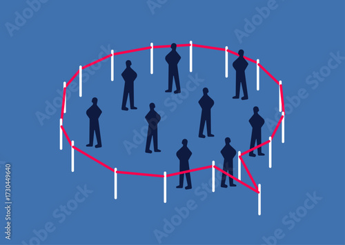 People trapped in chat message barrier, communication burden illustration