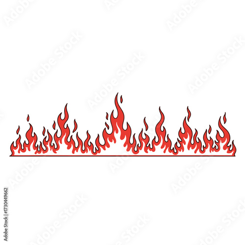 An illustration of a continuous line of stylized red flames with a white background.