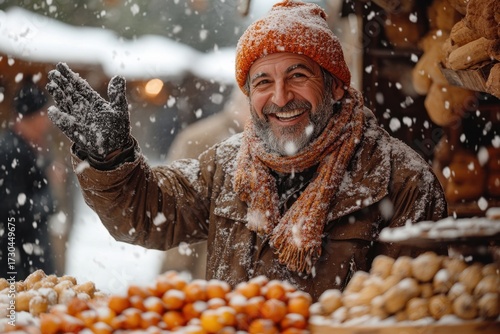 Man in hat and scarf standing by pile of nuts.