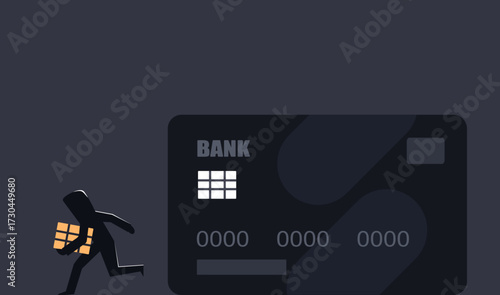 A thief running with credit card chip, financial information theft illustration