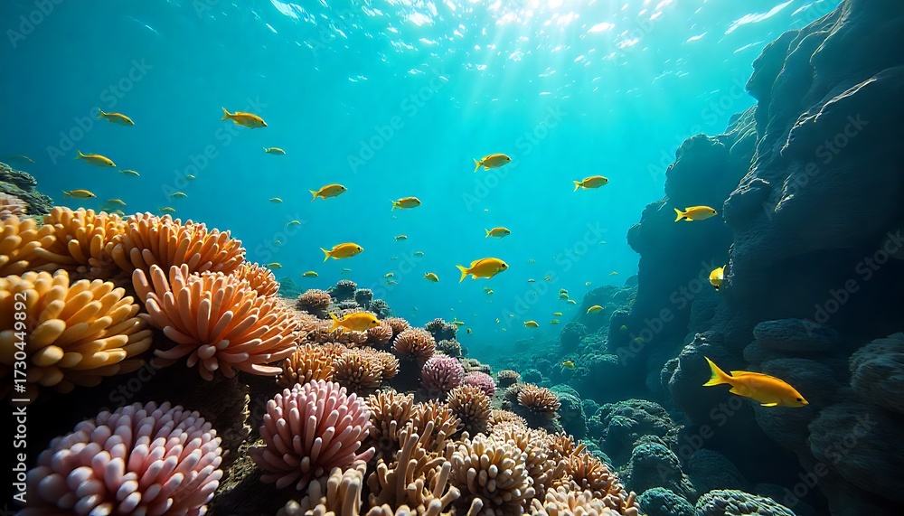 Obraz premium Vibrant coral reef teems with schools of golden fish swimming in crystal clear turquoise ocean water illuminated by sunbeams