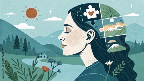Mental Health Concept Vector – Abstract Female Collage Inner World Illustration