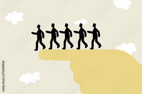 Followers following leader with full trust reaching cliff end, bad leadership decision concept illustration