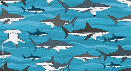 A busy school of diverse sharks swimming in the ocean waters.