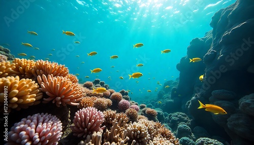 Wallpaper Mural Vibrant coral reef teems with schools of golden fish swimming in crystal clear turquoise ocean water illuminated by sunbeams Torontodigital.ca