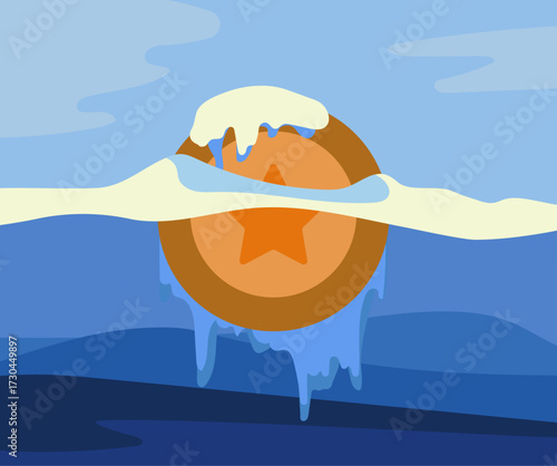 A coin dipped inside ice land, frozen asset valuable investment illustration