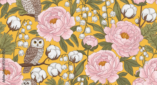 A charming vintage floral pattern featuring delicate pink peonies and fluffy cotton bolls with adorable owls perched among the branches, set against a vibrant golden yellow background.