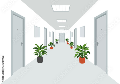 Hallway view with doors potted plants and ceiling lights receding into the distance