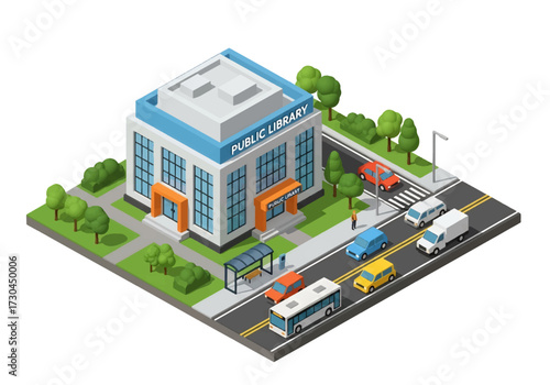 3D Isometric view illustration of a public library surrounded by trees, benches, and city streets with cars and buses, representing education, community, and urban lifestyle concepts