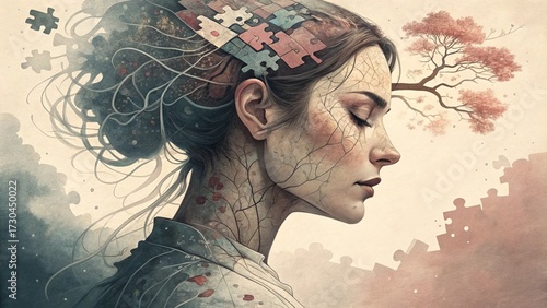 Mental Health Concept Vector – Abstract Female Collage Inner World Illustration