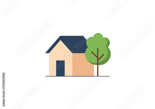 Illustration beige house with a navy blue roof and door stands beside a green tree on a flat blue line