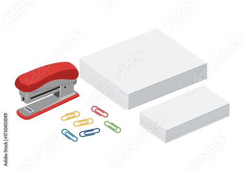 Illustration stapler paper piles and paper clips Red silver and white palette Simple isometric view of office supplies