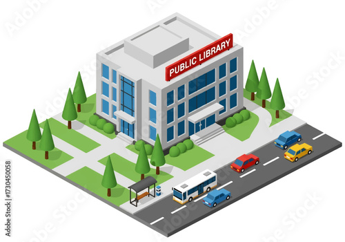 3D Isometric view illustration of a public library surrounded by trees, benches, and city streets with cars and buses, representing education, community, and urban lifestyle concepts