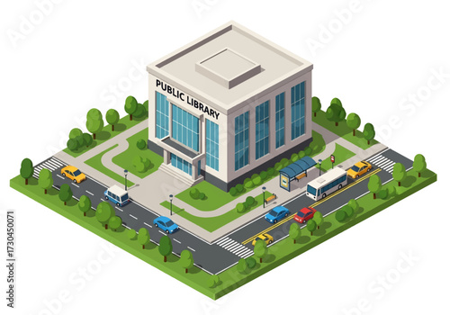 3D Isometric view illustration of a public library surrounded by trees, benches, and city streets with cars and buses, representing education, community, and urban lifestyle concepts