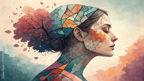 Mental Health Concept Vector – Abstract Female Collage Inner World Illustration