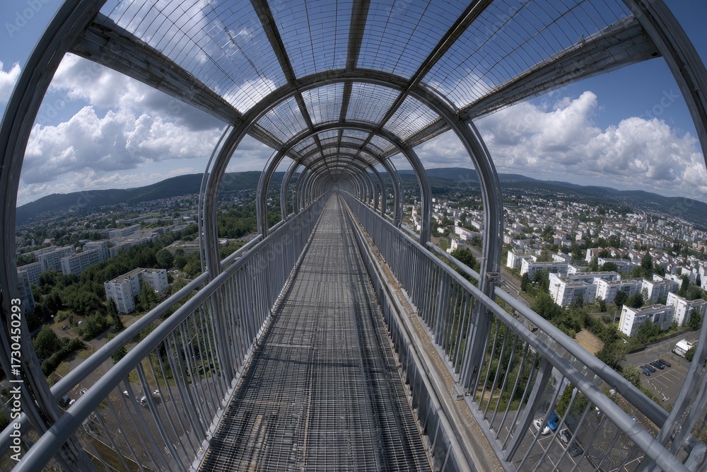 Fototapeta premium Modern Pedestrian Bridge with Panoramic City View.