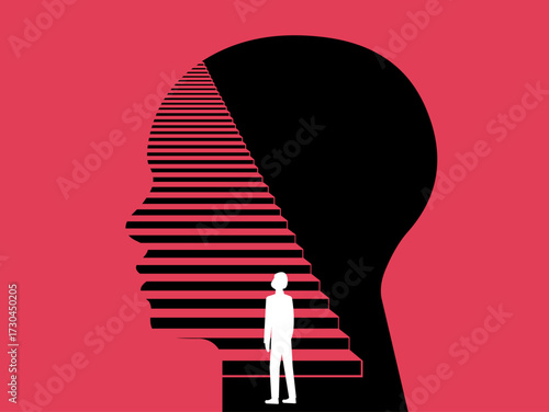 Man standing in front human shape face path staircase, illustration about mental health depth