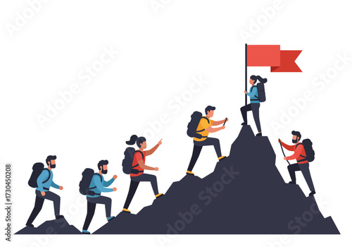 People hike mountain to a flag symbolizing achievement and teamwork
