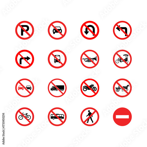 Collection of prohibition traffic signs displayed on white surface indicating rules and regulations for drivers on the road, conveying safety and order.