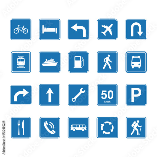 Collection of blue and white transportation and travel signs representing various services and locations on a clean white layout.