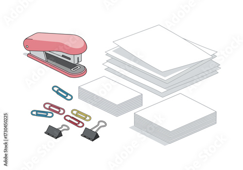 Office supplies stapler paper paperclips and binder clips on a white surface