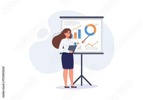 Presenter pointing at a chart on a stand holding a document in front of a cloudy background