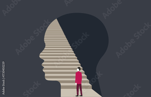 Man standing in front human shape face path staircase, illustration about mental health depth