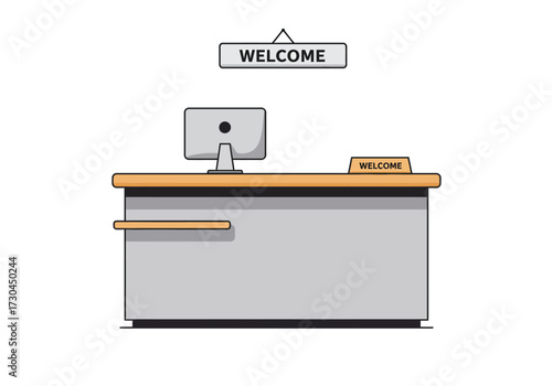 Reception desk with a monitor  WELCOME signs