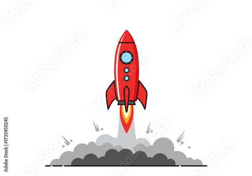 Red cartoon rocket launching with smoke and fire