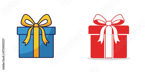 Set of Two Gift Box Icons, a Colorful Cartoon Present and a Red Silhouette