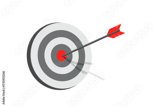 Redtipped arrow hits the bullseye on a target with gray and white concentric rings and subtle shadowing