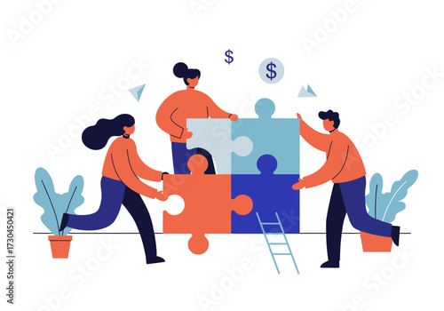 Three people assembling a fourpiece puzzle symbolizing collaboration teamwork and financial gain