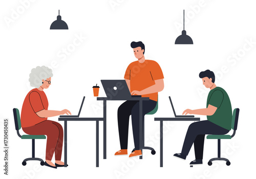 Three people seated at desks using laptops under hanging lamps