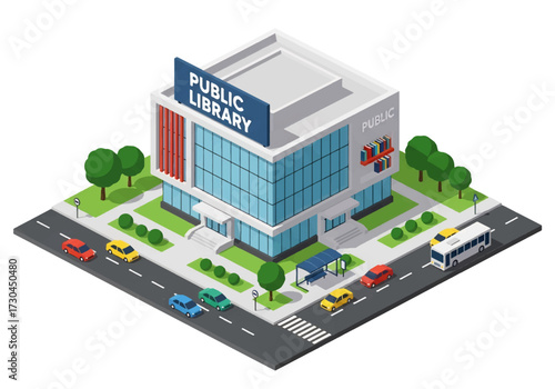 3D Isometric view illustration of a public library surrounded by trees, benches, and city streets with cars and buses, representing education, community, and urban lifestyle concepts